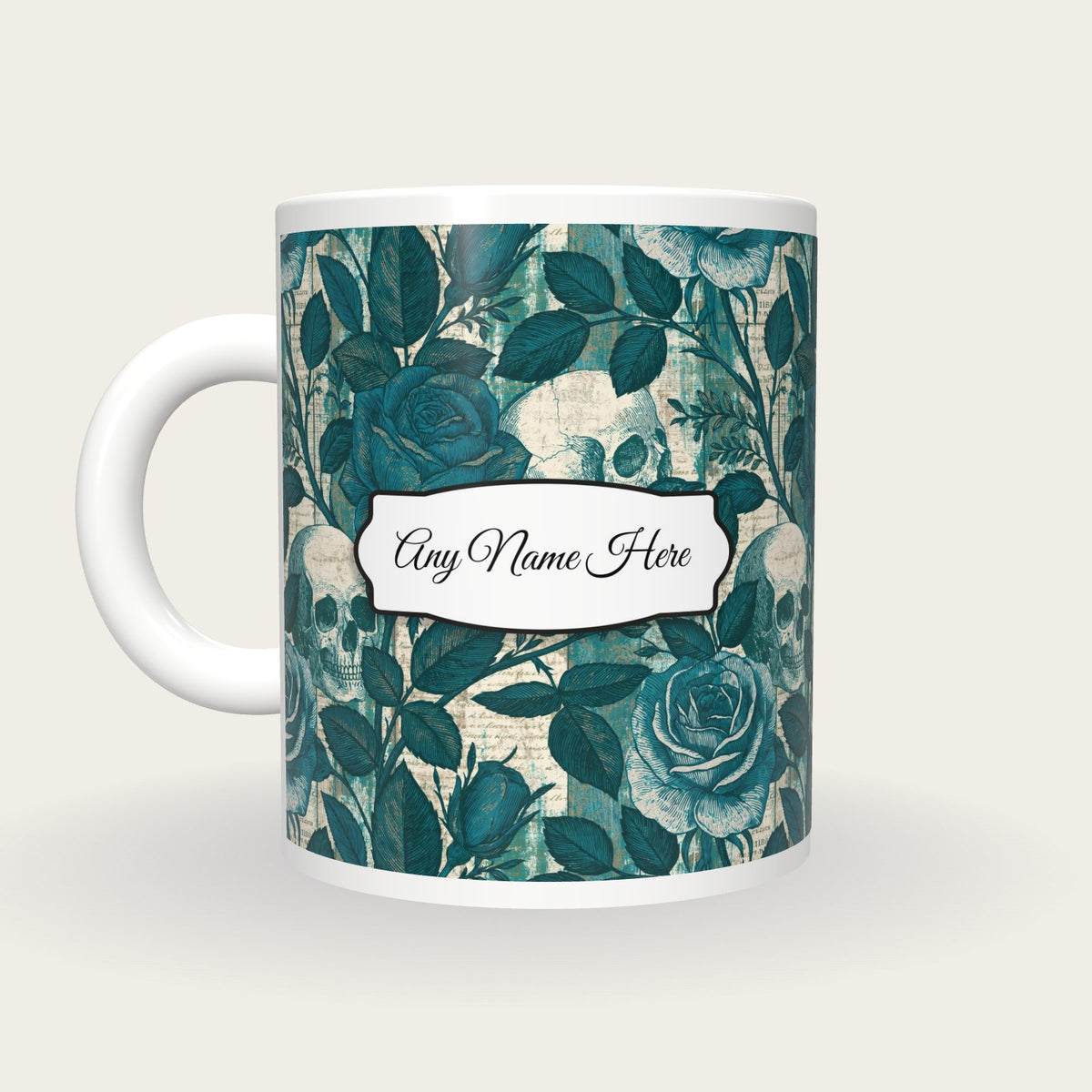 Antique Bird Plate Roses Skulls Name Mug 2, back with the second name label