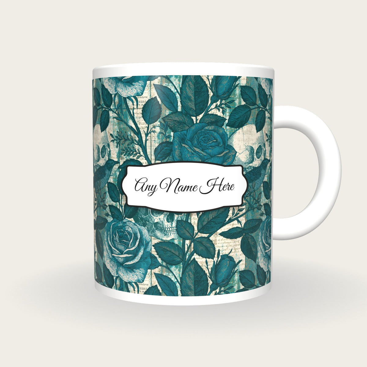 Antique Bird Plate Roses Skulls Name Mug 2, front with the name label