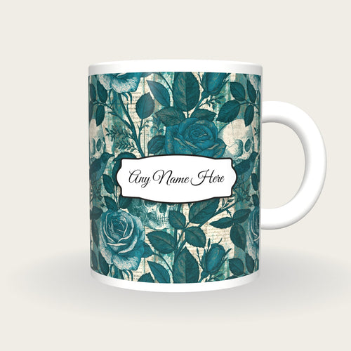 Antique Bird Plate Roses Skulls Name Mug 2, front with the name label