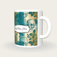 Antique Bird Plate Roses Skulls Name Mug, three-quarter view