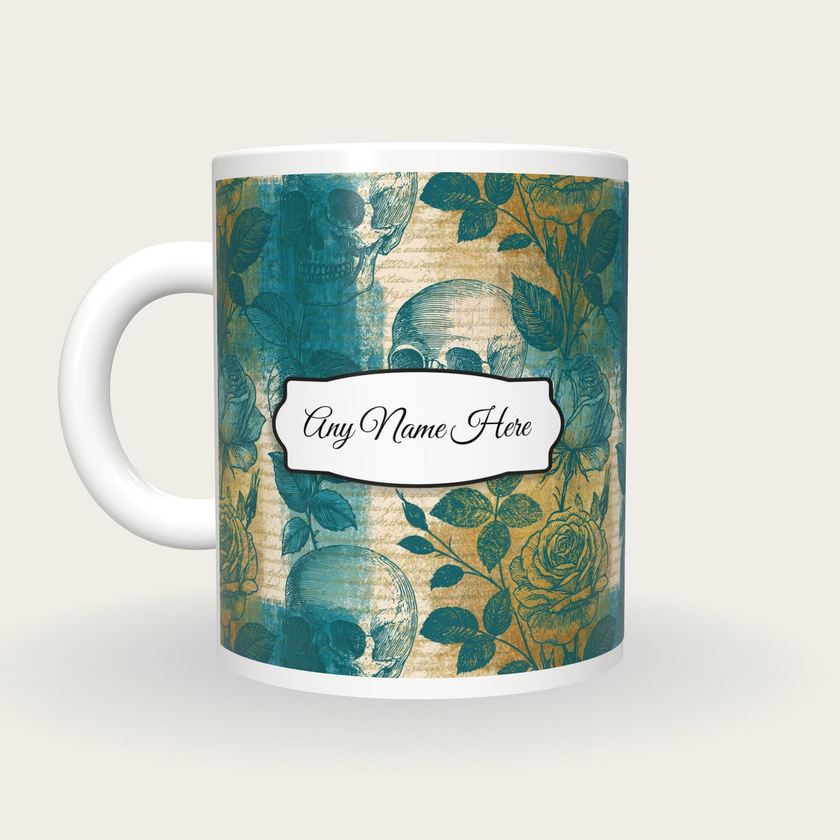 Antique Bird Plate Roses Skulls Name Mug, back with the second name label
