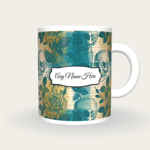 Antique Bird Plate Roses Skulls Name Mug, front with the name label