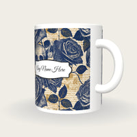 Cross Hatch Roses Skulls Name Mug, three-quarter view