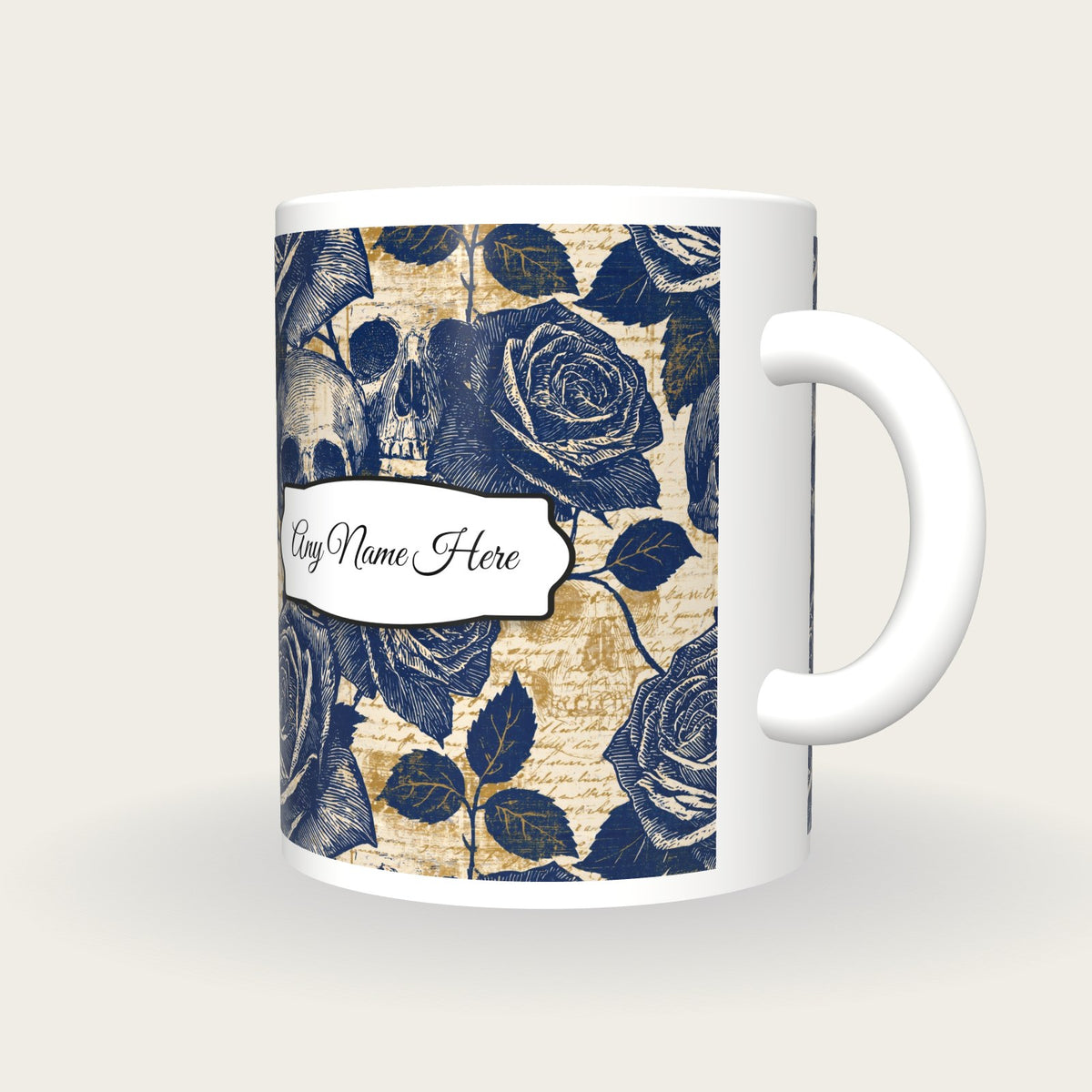 Cross Hatch Roses Skulls Name Mug, three-quarter view