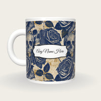 Cross Hatch Roses Skulls Name Mug, back with the second name label