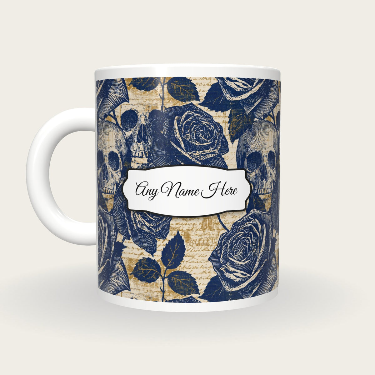 Cross Hatch Roses Skulls Name Mug, back with the second name label