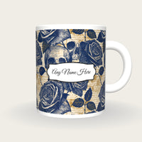 Cross Hatch Roses Skulls Name Mug, front with the name label