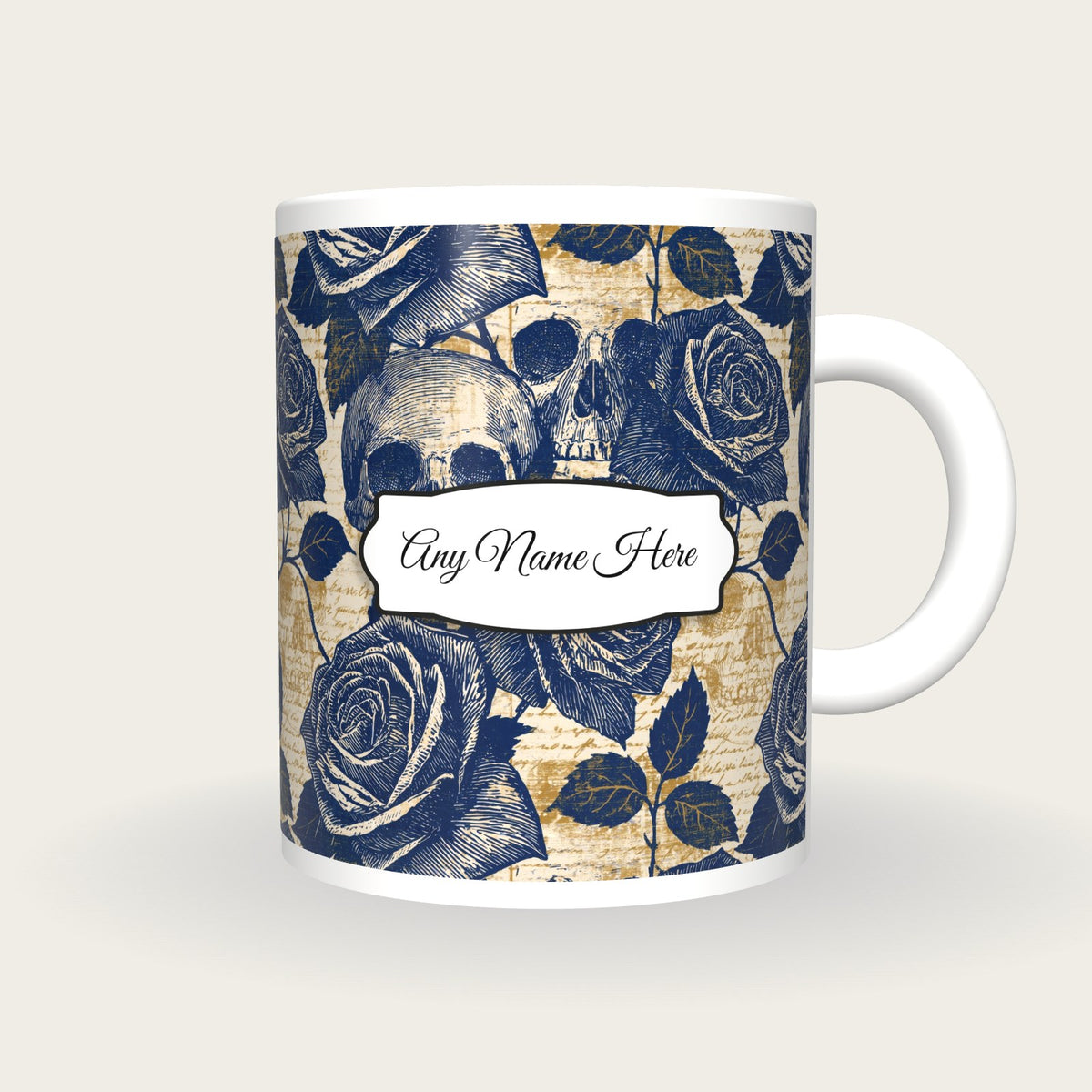 Cross Hatch Roses Skulls Name Mug, front with the name label