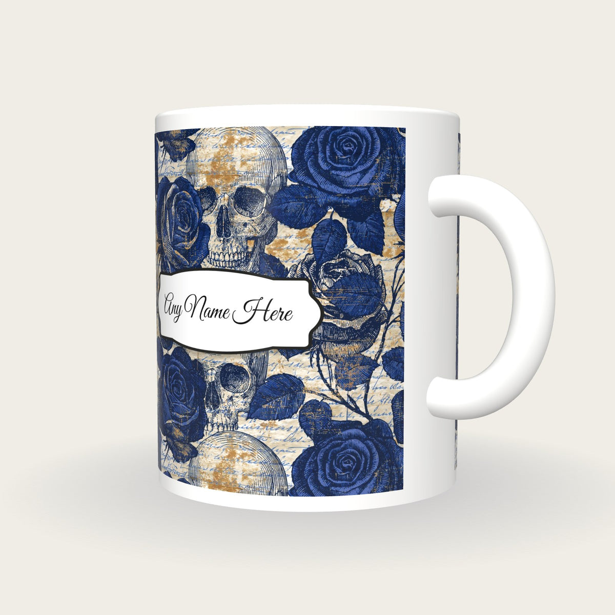 Cross Hatch Roses Skulls Name Mug 2, three-quarter view