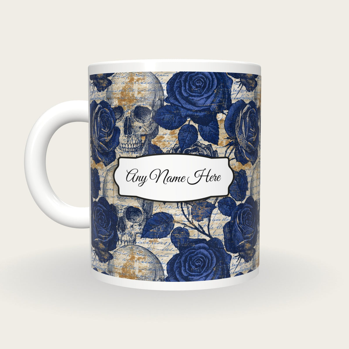 Cross Hatch Roses Skulls Name Mug 2, back with the second name label
