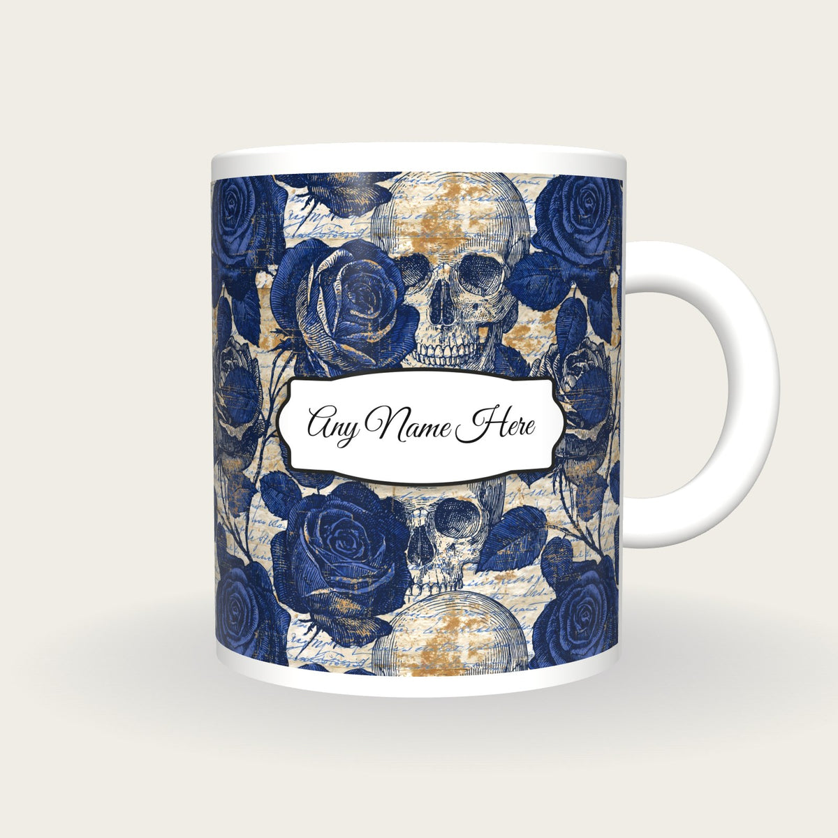 Cross Hatch Roses Skulls Name Mug 2, front with the name label