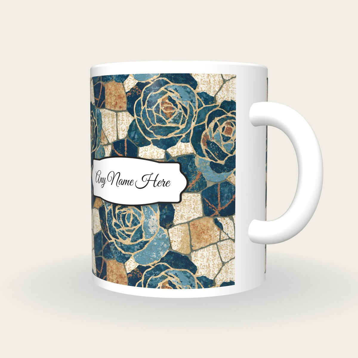 Mosaic Roses Skulls Coastal Name Mug 2, three-quarter view