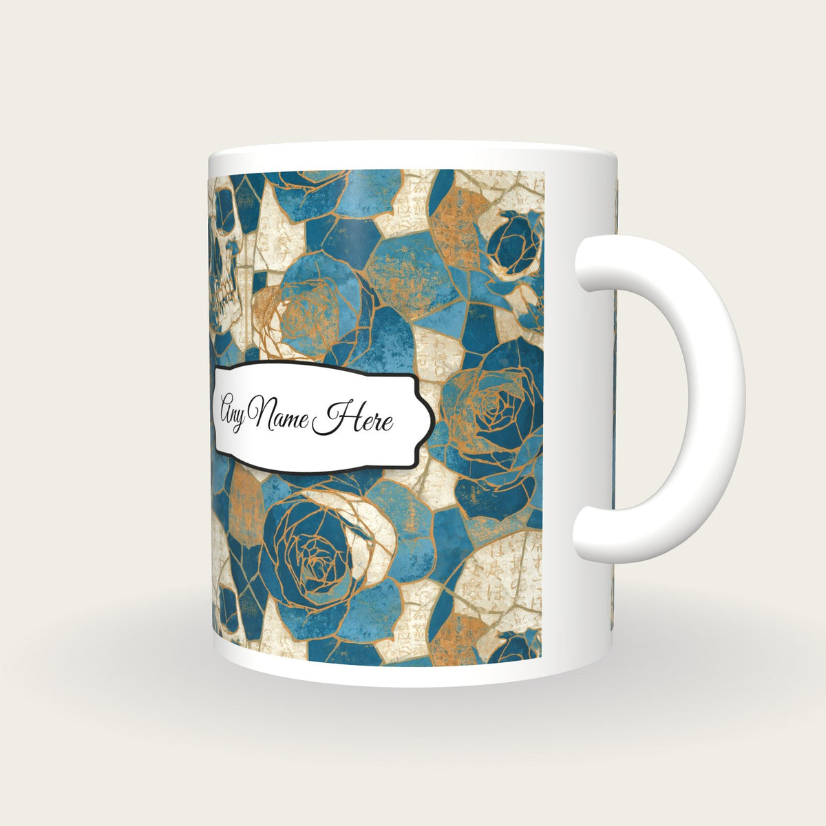 Mosaic Roses Skulls Coastal Name Mug, three-quarter view