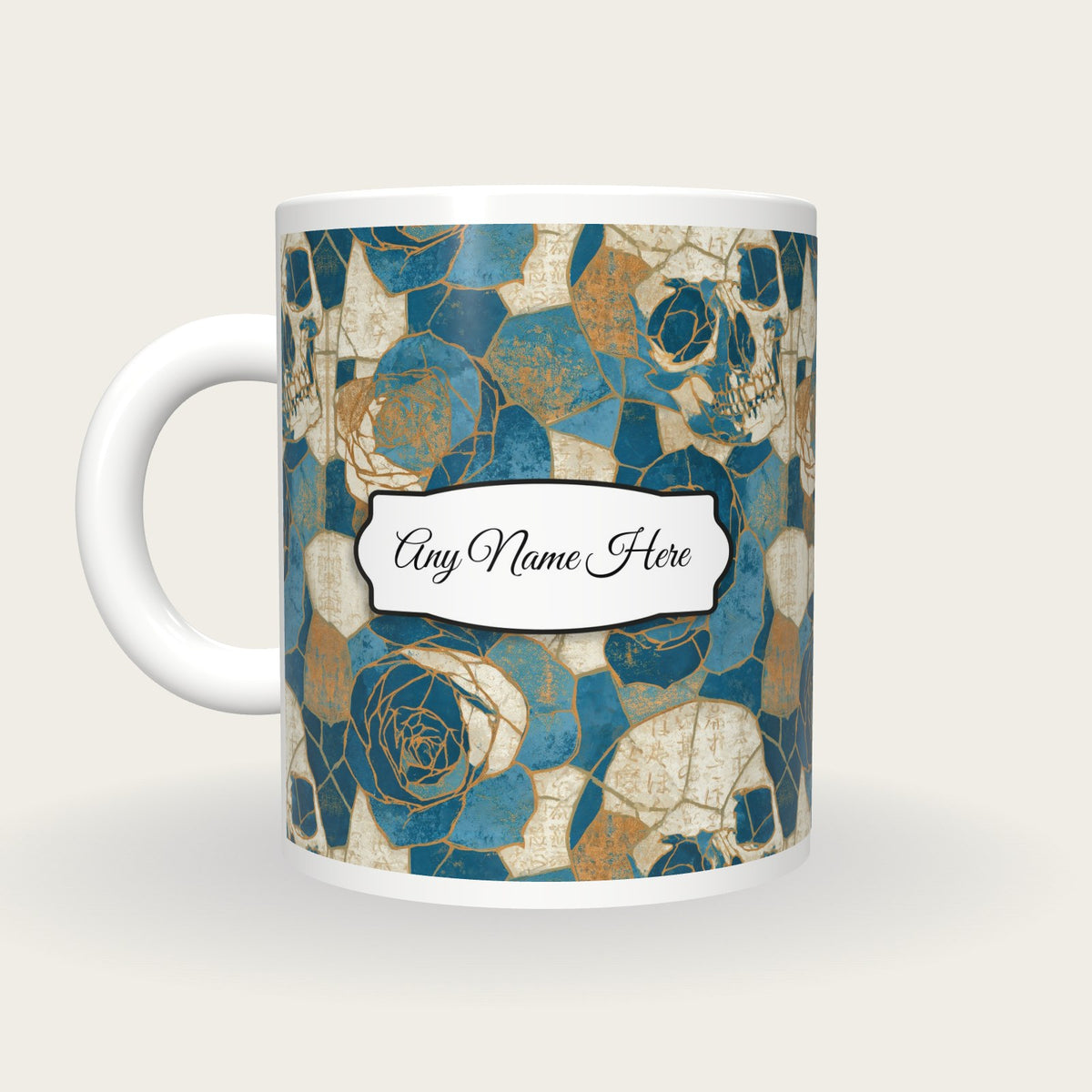 Mosaic Roses Skulls Coastal Name Mug, back with the second name label