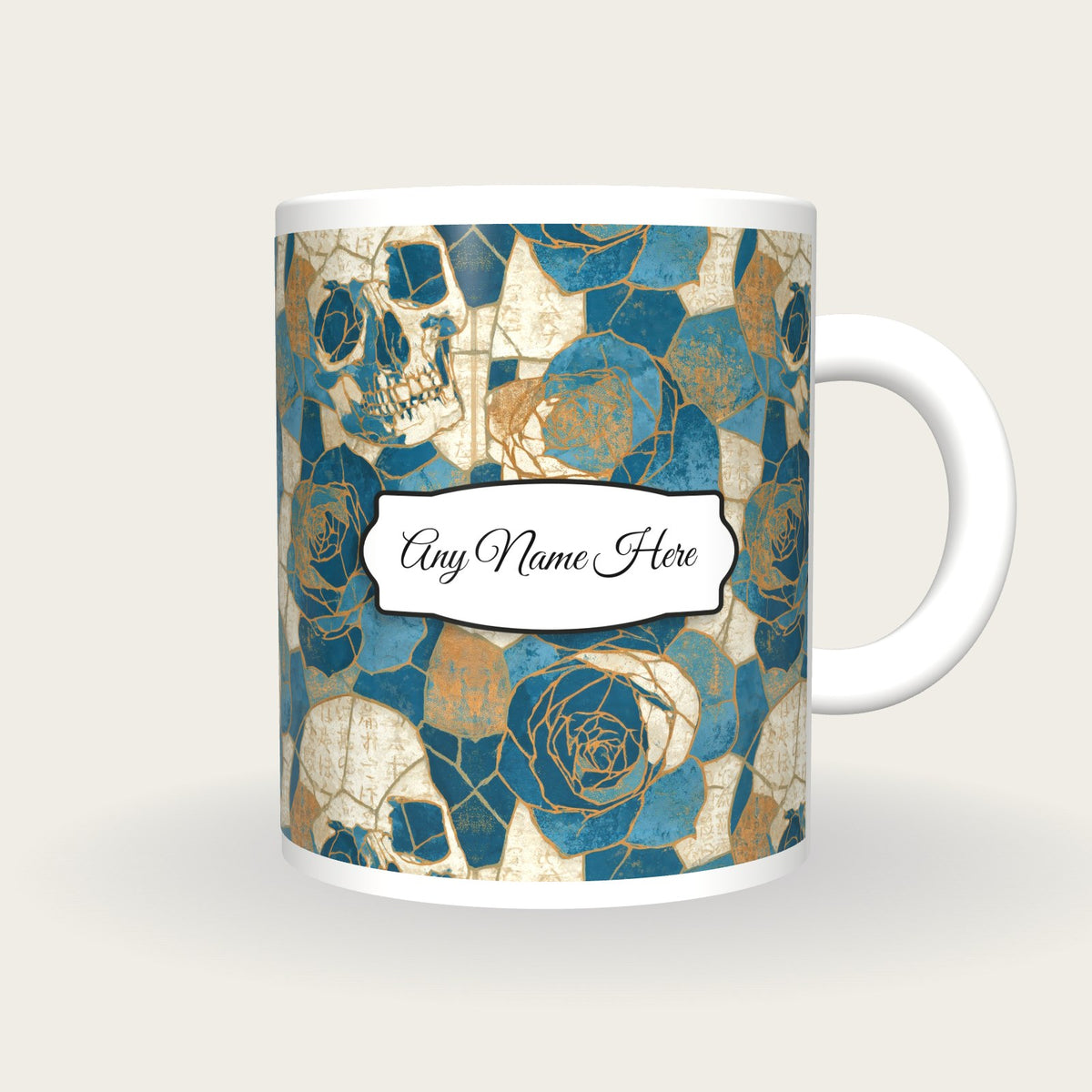 Mosaic Roses Skulls Coastal Name Mug, front with the name label