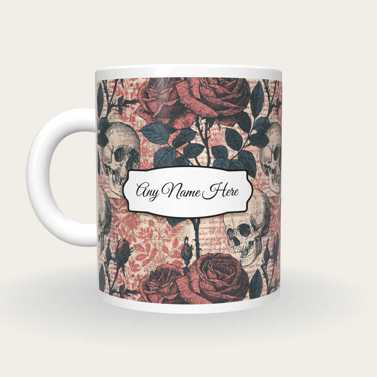 Naturalist Roses Skulls Name Mug, back with the second name label