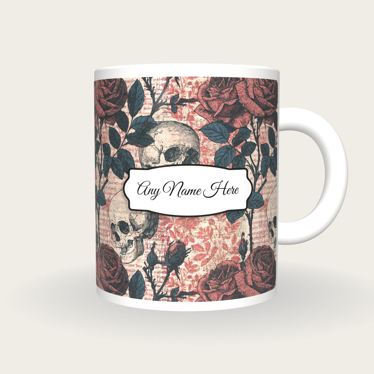Naturalist Roses Skulls Name Mug, front with the name label