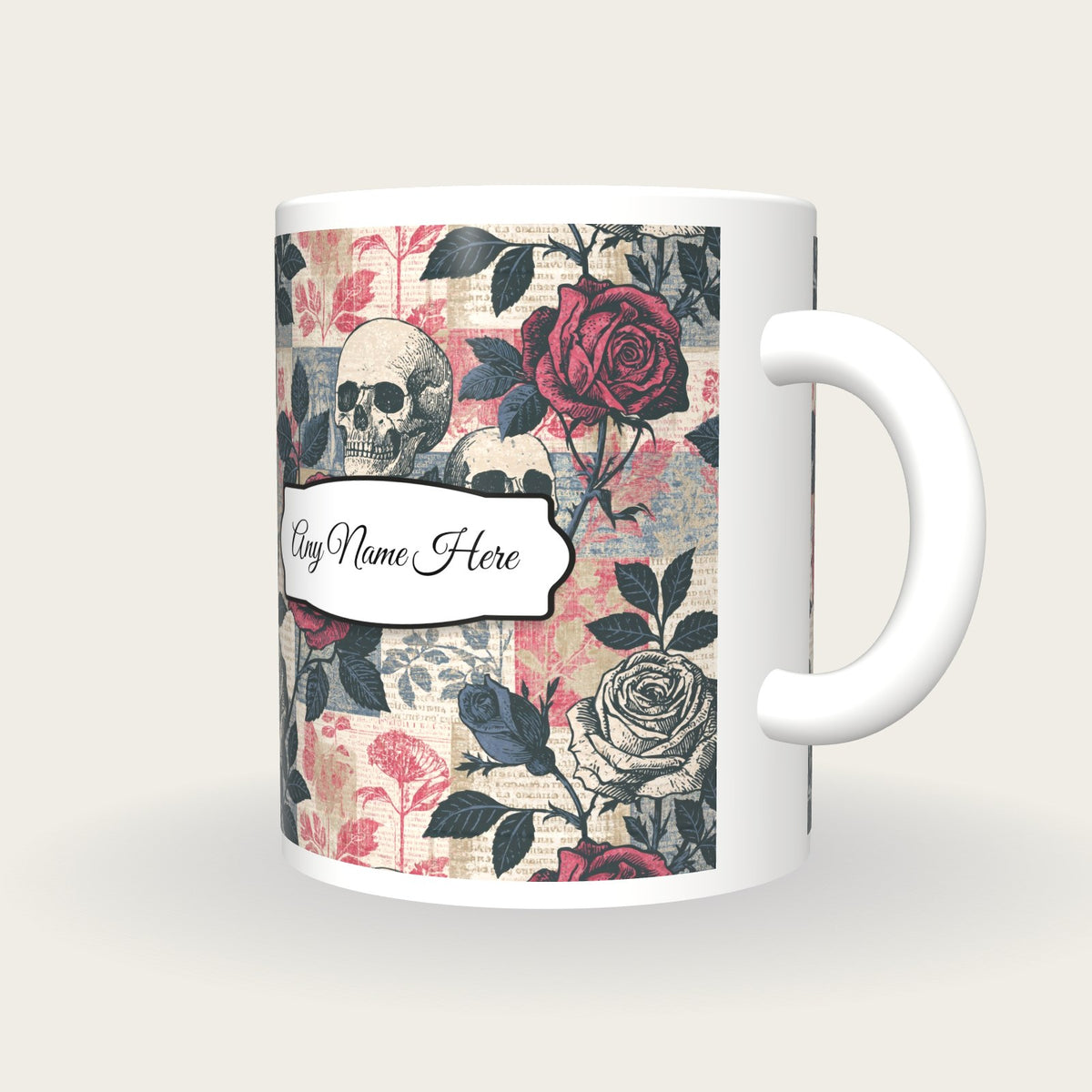 Naturalist Roses Skulls Name Mug 2, three-quarter view