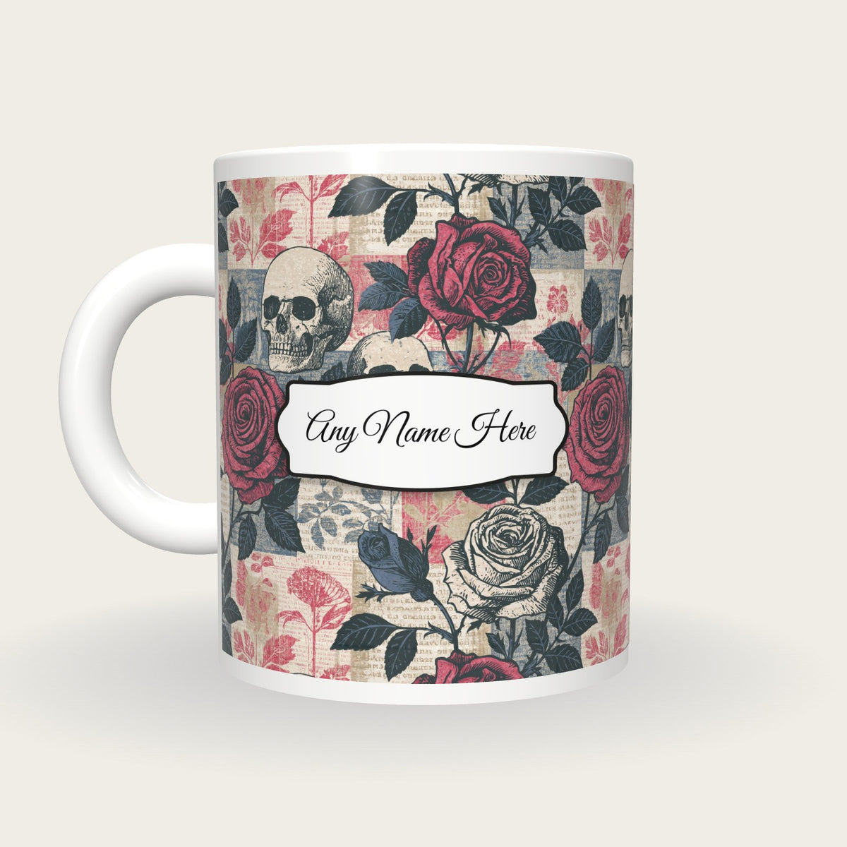 Naturalist Roses Skulls Name Mug 2, back with the second name label