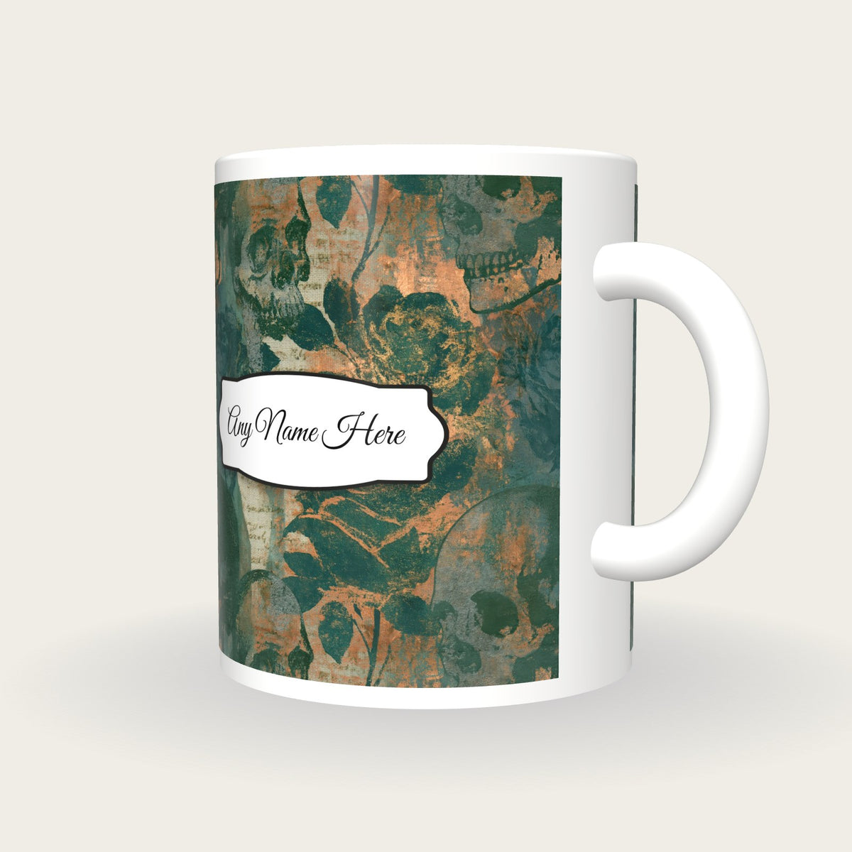 Photogram Roses Skulls Name Mug, three-quarter view