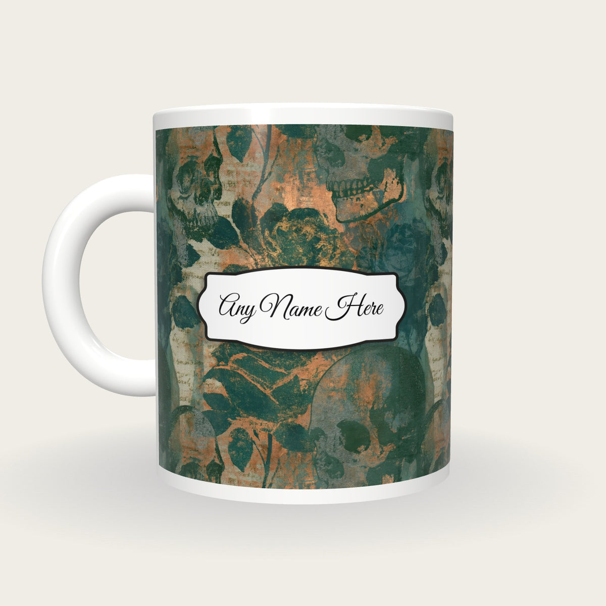 Photogram Roses Skulls Name Mug, back with the second name label