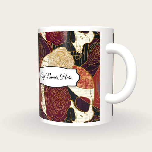 Art Nouveau Roses Skulls Name Mug, three-quarter view