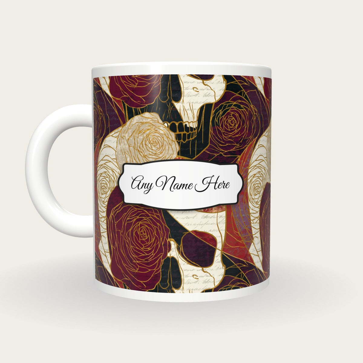 Art Nouveau Roses Skulls Name Mug, back with the second name label