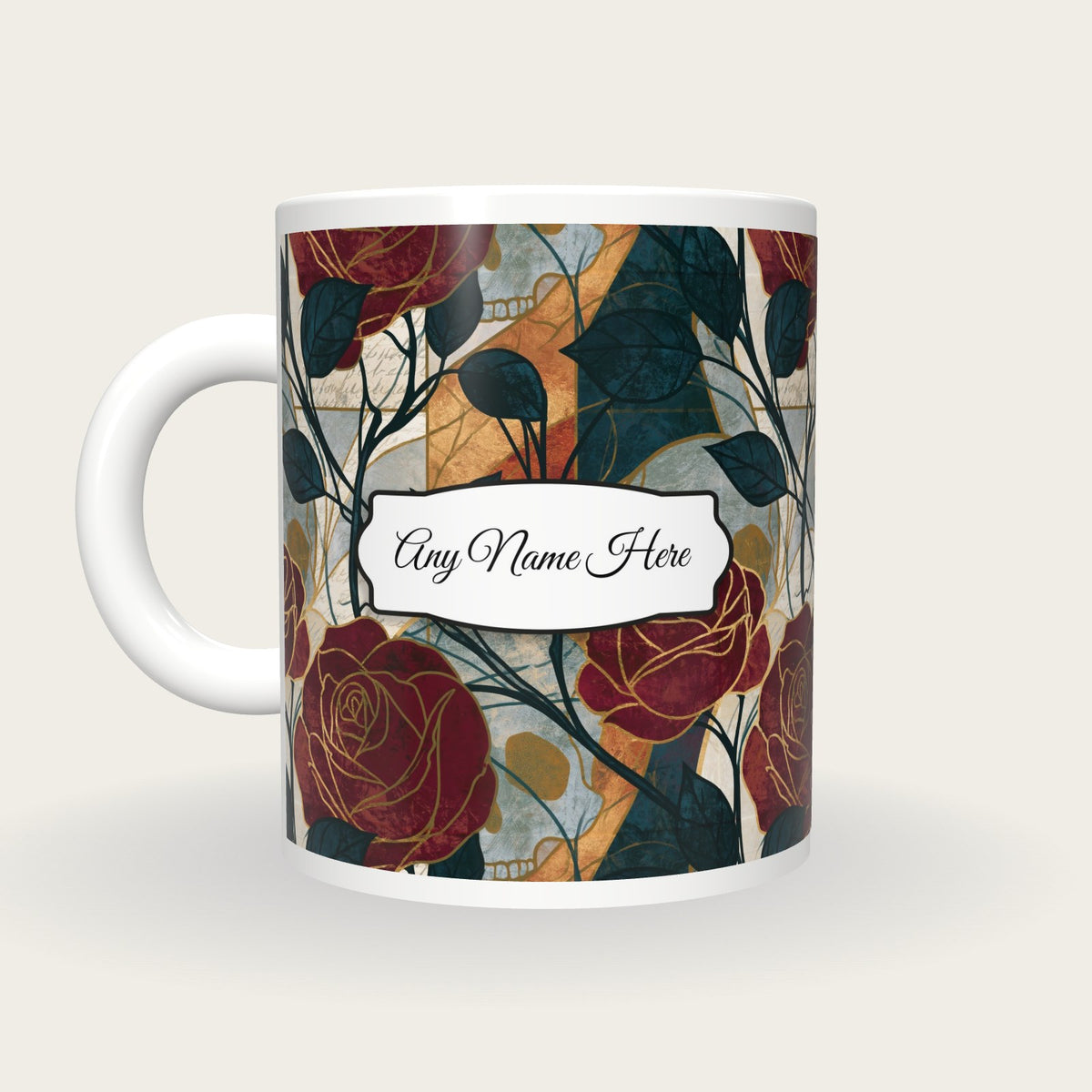 Art Nouveau Roses Skulls Name Mug 2, back with the second name label