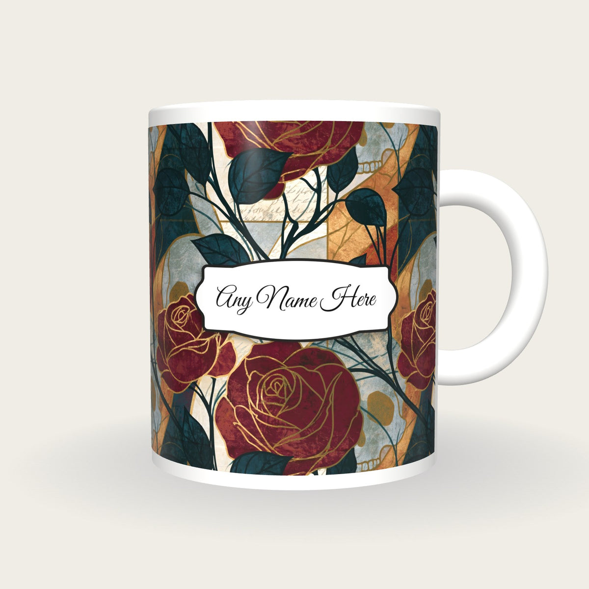 Art Nouveau Roses Skulls Name Mug 2, front with the name label