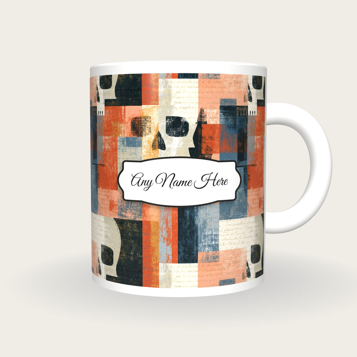 Bauhaus Skull Dagger Name Mug, front with the name label