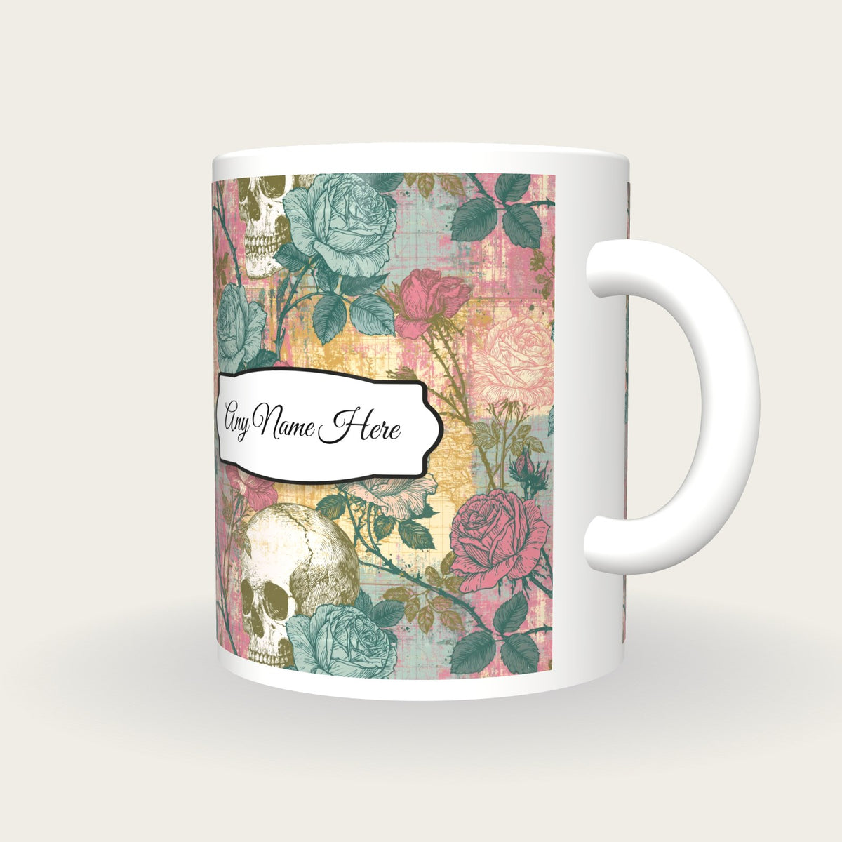 Edwardian Roses Skulls Name Mug, three-quarter view