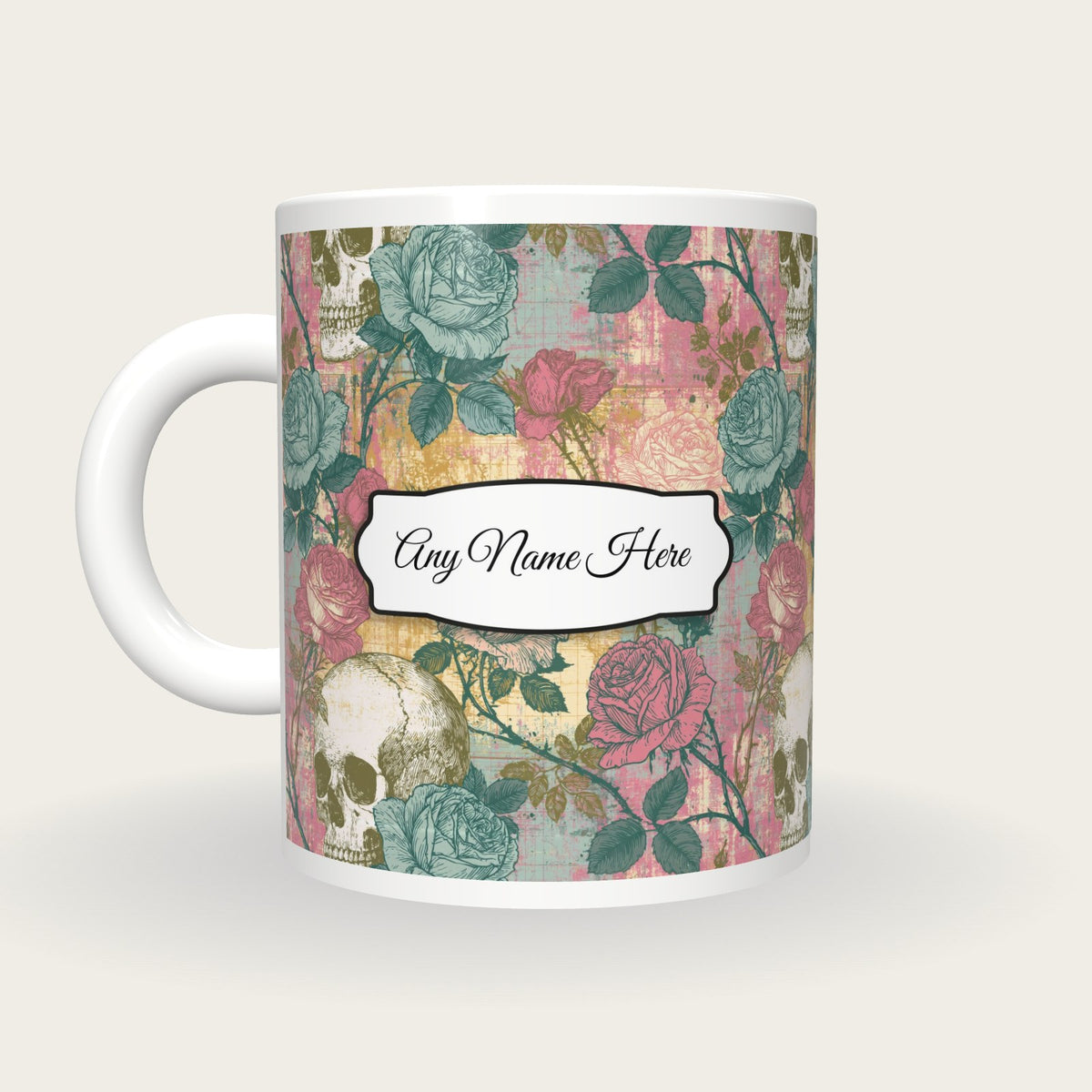 Edwardian Roses Skulls Name Mug, back with the second name label
