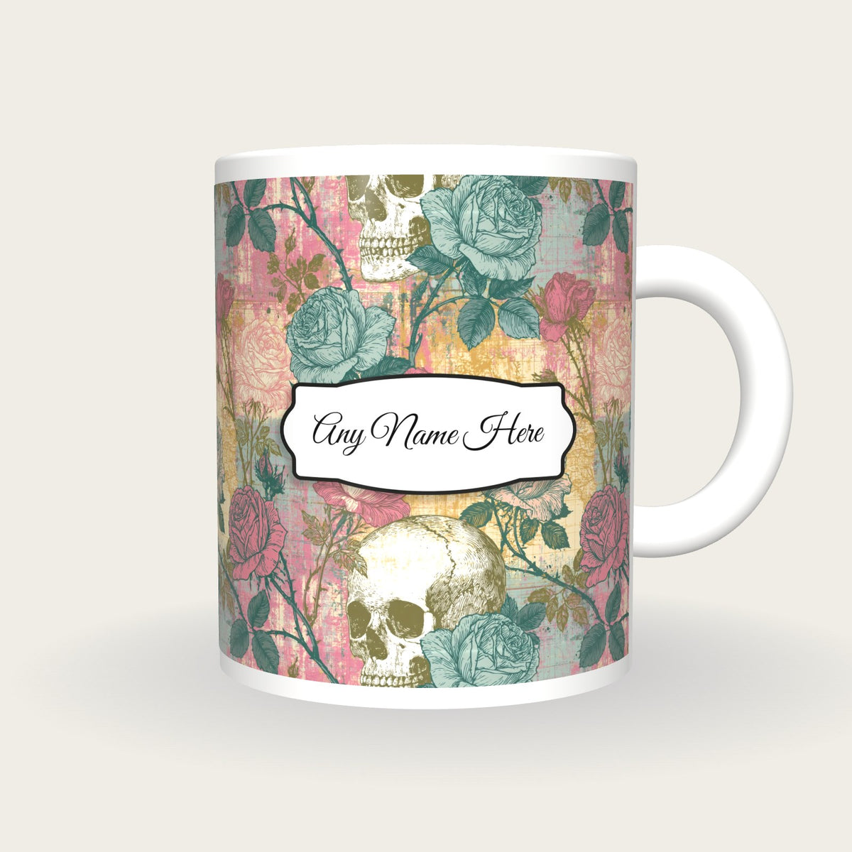 Edwardian Roses Skulls Name Mug, front with the name label