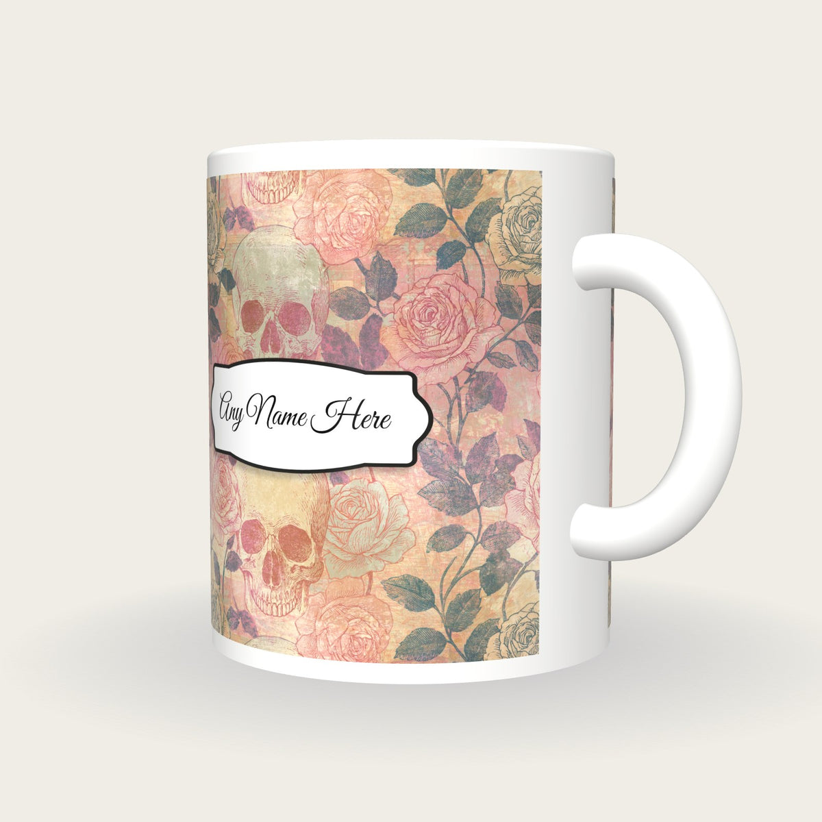 Edwardian Roses Skulls Name Mug 2, three-quarter view