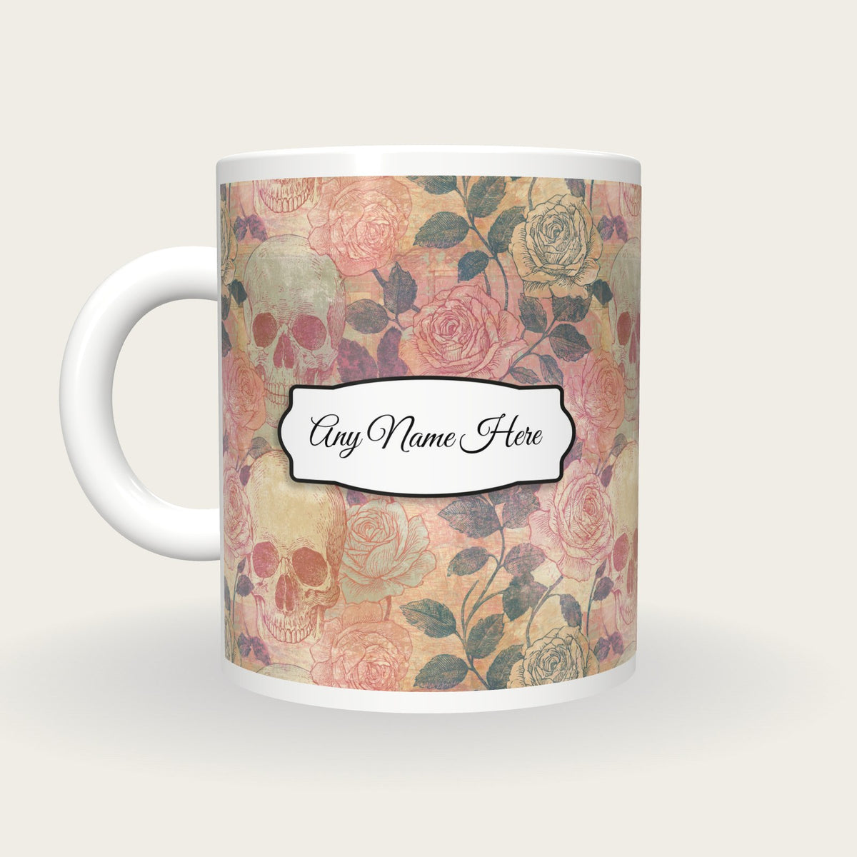 Edwardian Roses Skulls Name Mug 2, back with the second name label