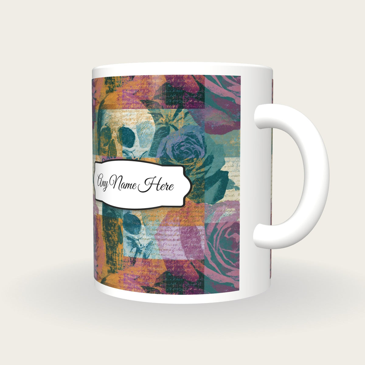 Precisionist Roses Skulls Name Mug, three-quarter view