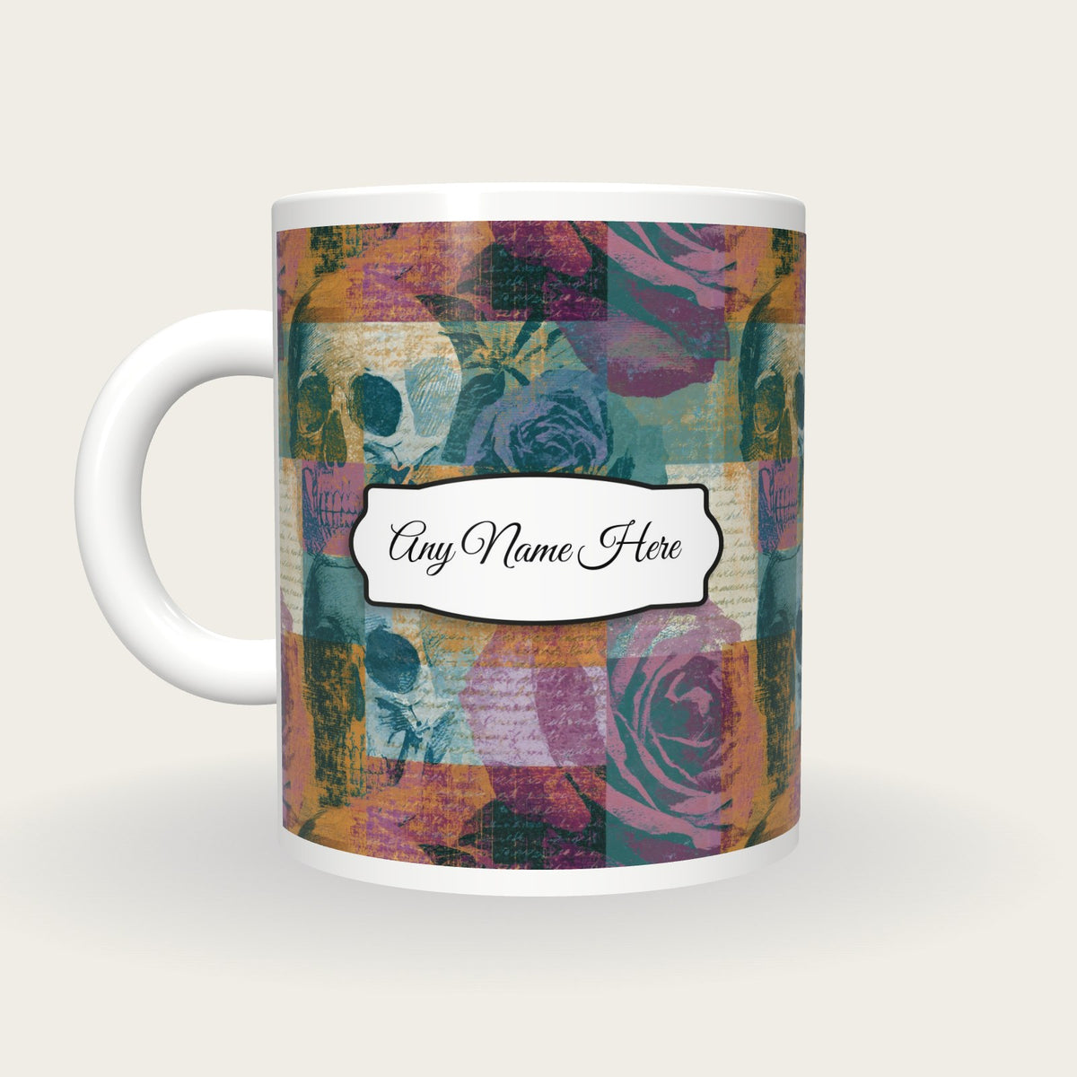 Precisionist Roses Skulls Name Mug, back with the second name label