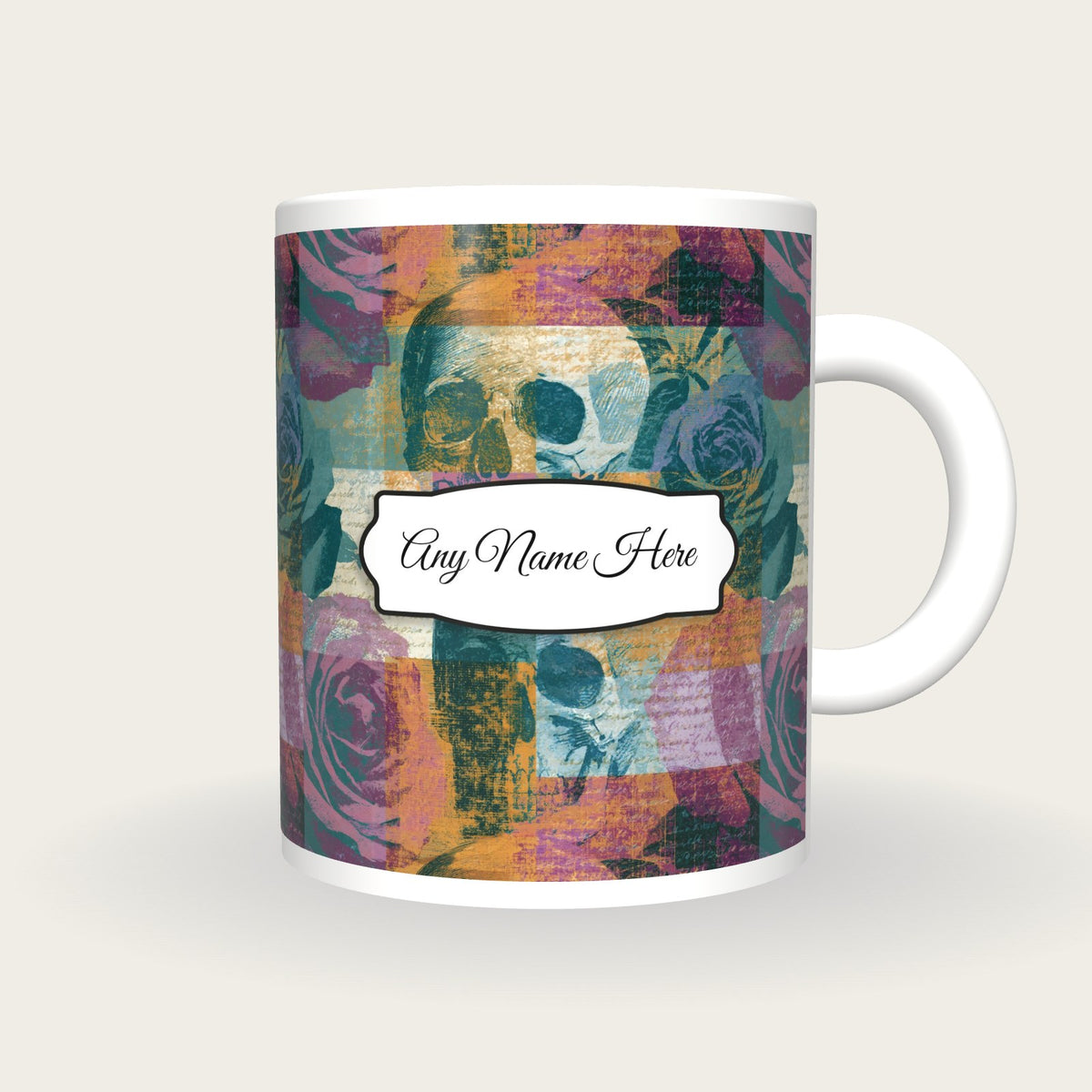 Precisionist Roses Skulls Name Mug, front with the name label