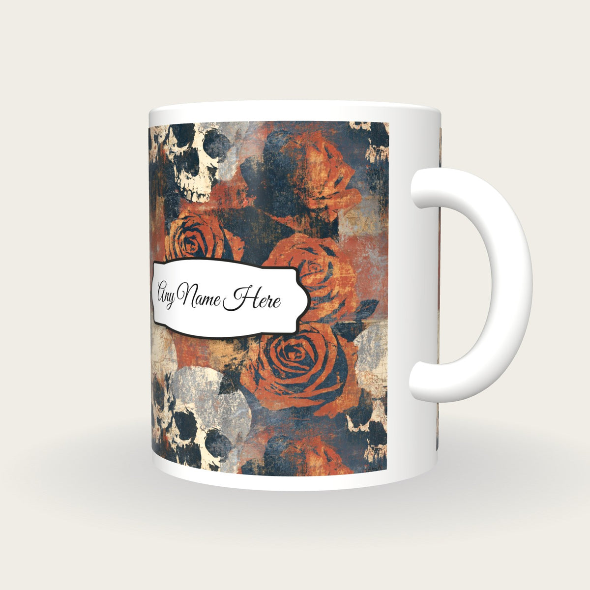Solarised Roses Skulls Name Mug, three-quarter view