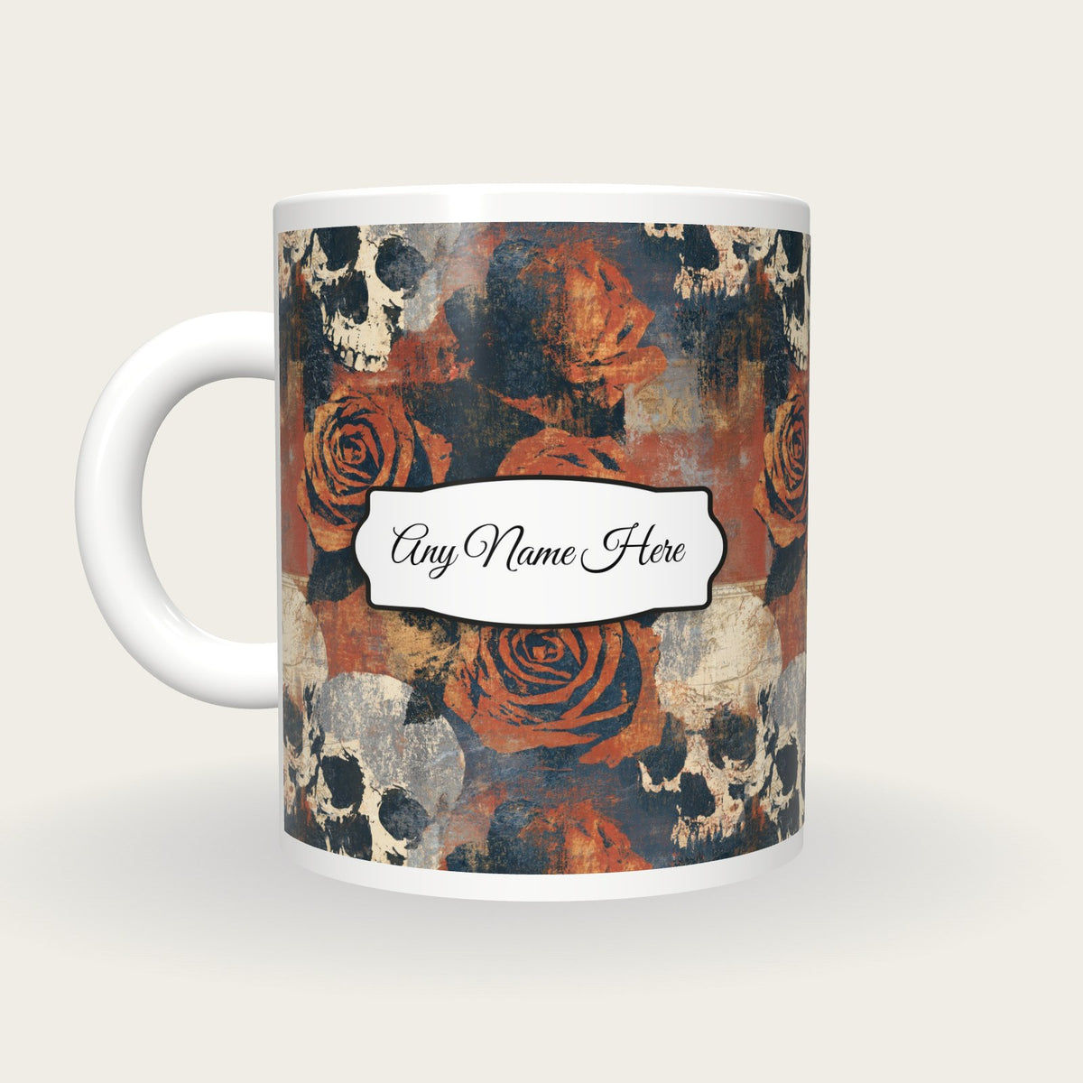 Solarised Roses Skulls Name Mug, back with the second name label