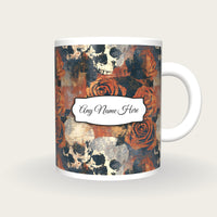 Solarised Roses Skulls Name Mug, front with the name label