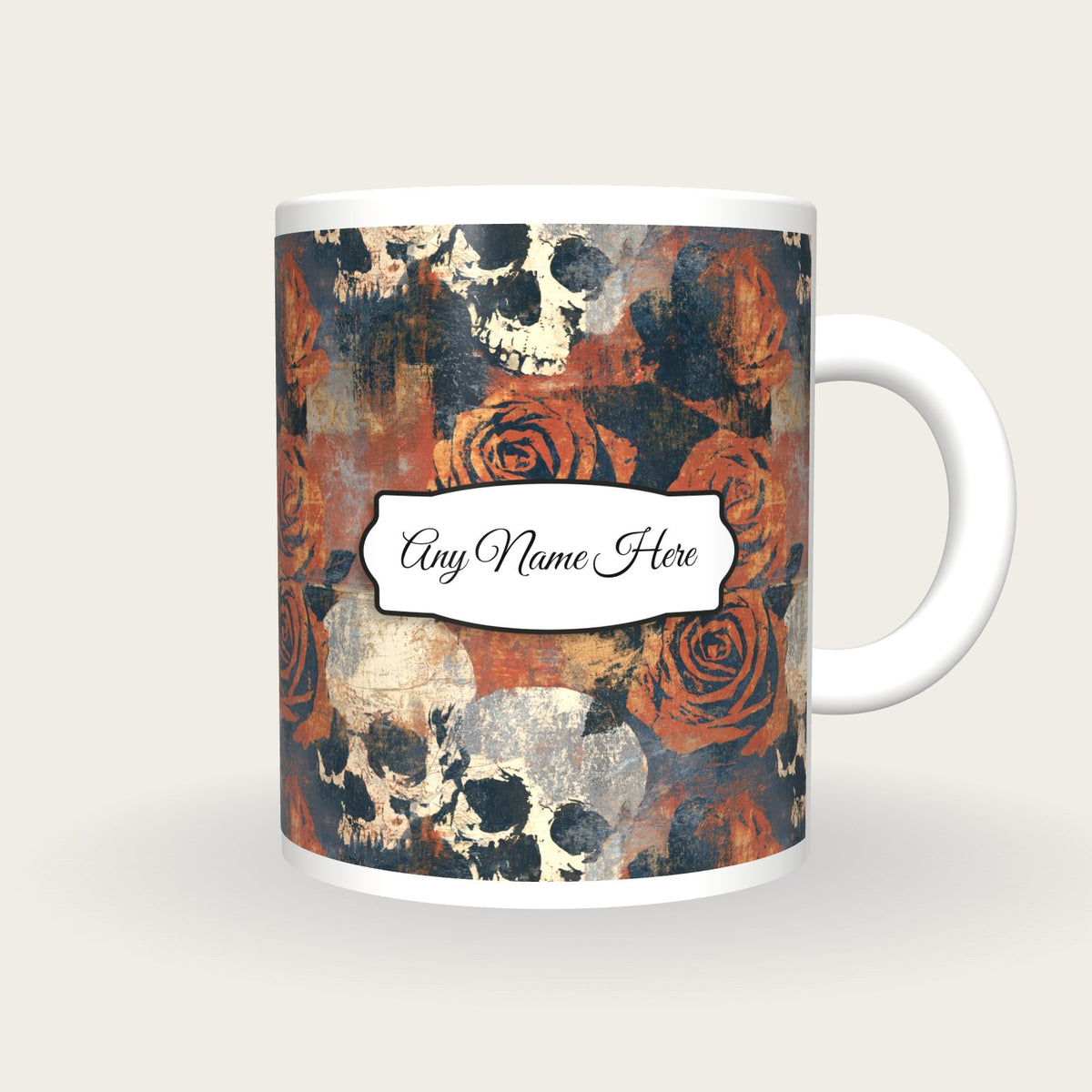 Solarised Roses Skulls Name Mug, front with the name label