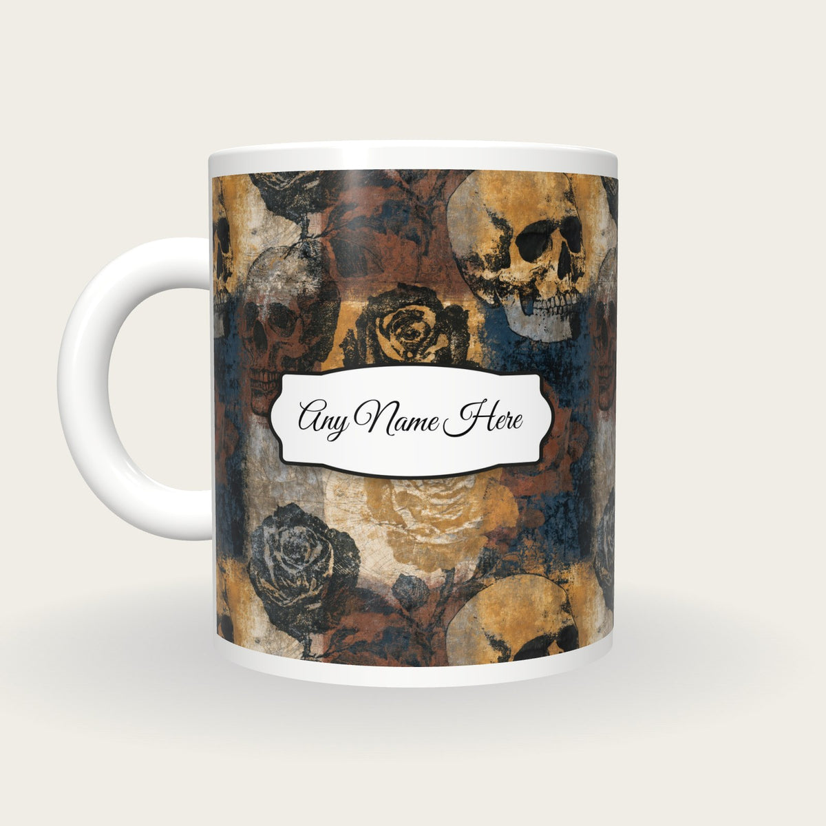 Solarised Roses Skulls Name Mug 2, back with the second name label
