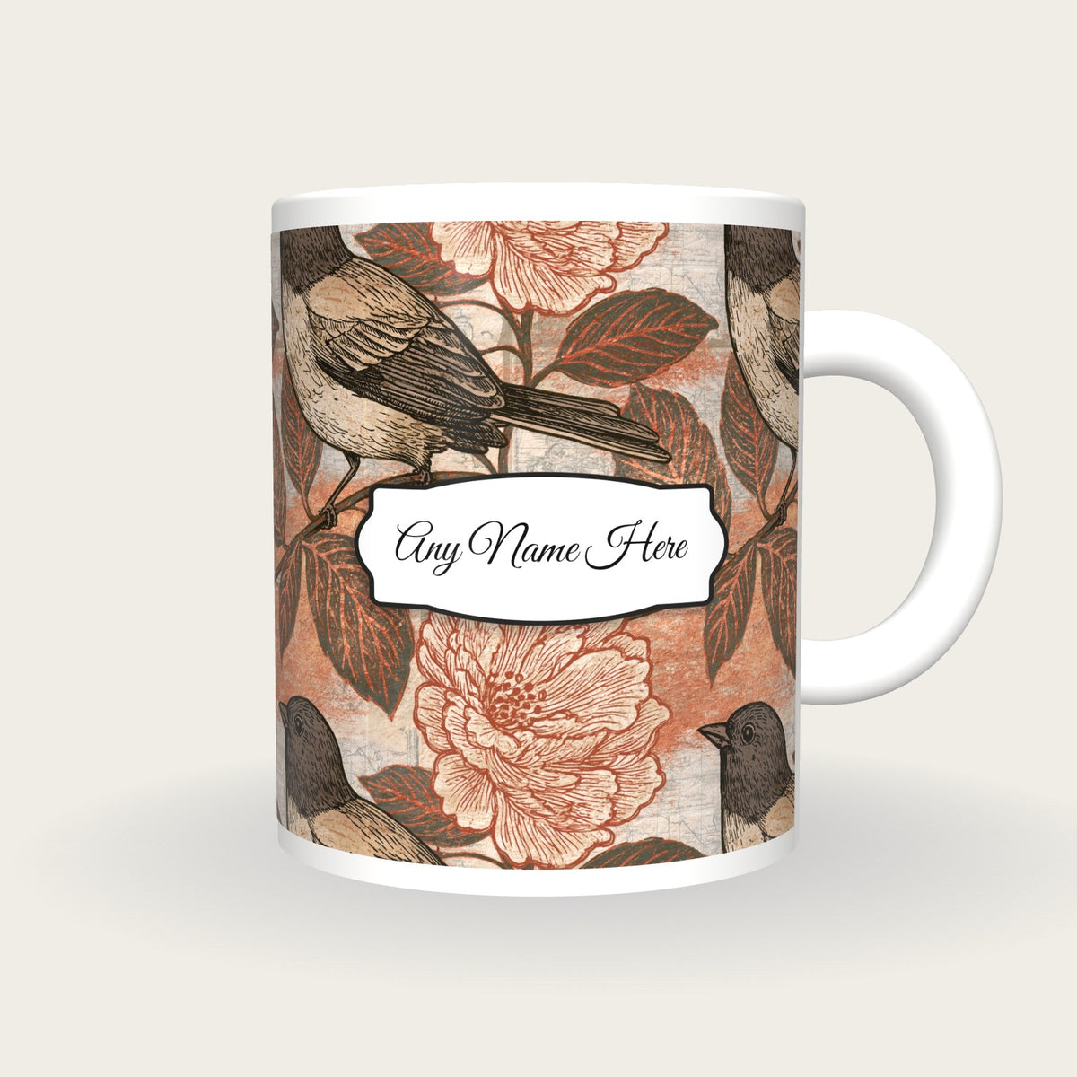 Vintage Advertising Birds Flowers Name Mug, front with the name label