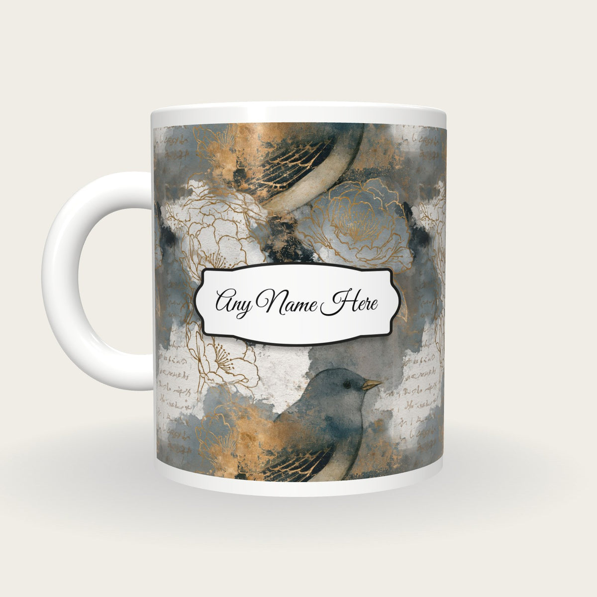 Watercolour Bird Flower Name Mug, back with the second name label