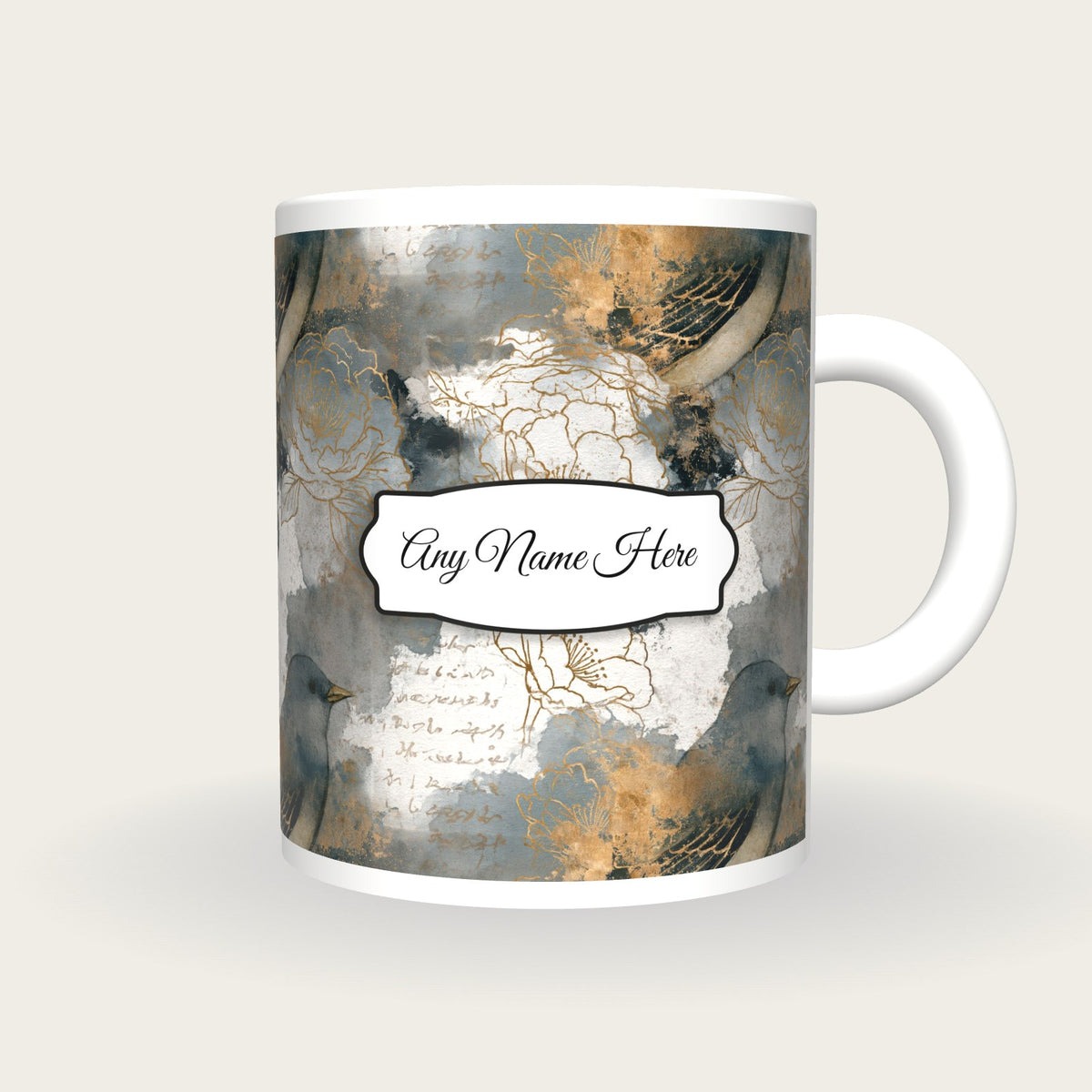 Watercolour Bird Flower Name Mug, front with the name label