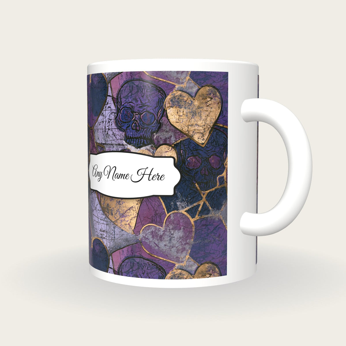 Antique Map Hearts Skulls Name Mug, three-quarter view