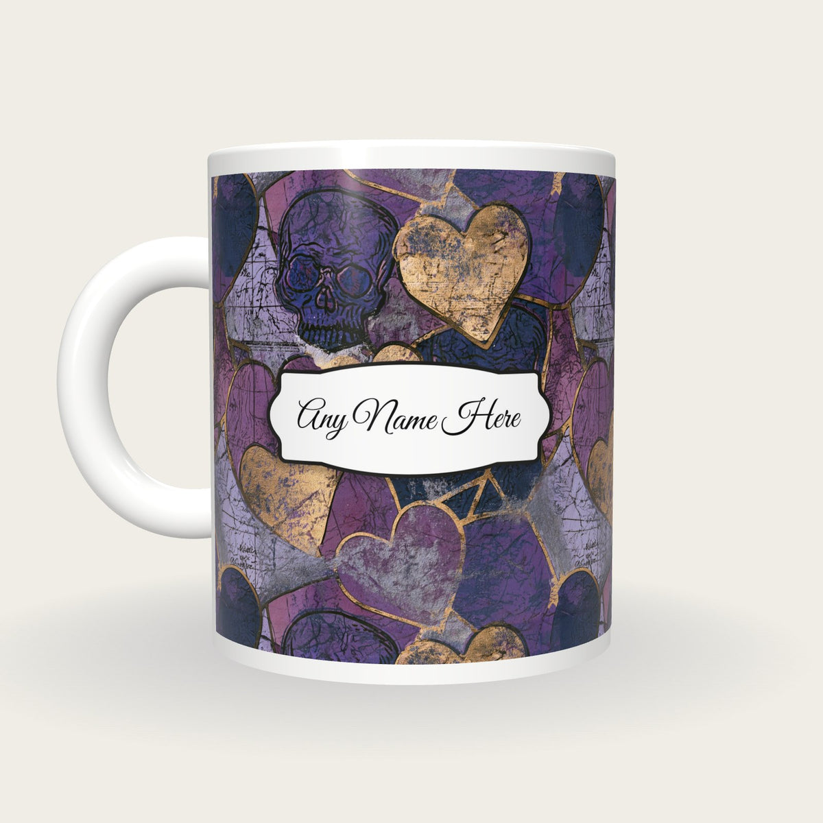 Antique Map Hearts Skulls Name Mug, back with the second name label