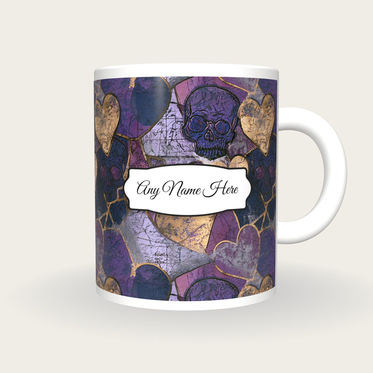 Antique Map Hearts Skulls Name Mug, front with the name label