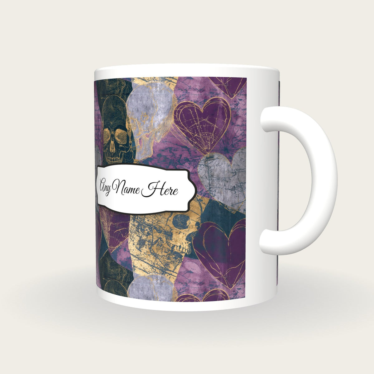 Antique Map Hearts Skulls Name Mug 2, three-quarter view